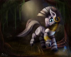 Size: 2000x1600 | Tagged: safe, artist:ajvl, character:zecora, species:zebra, ear piercing, earring, everfree forest, female, forest, jewelry, piercing, quadrupedal, solo, tree