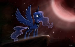 Size: 1280x800 | Tagged: safe, artist:ajvl, character:princess luna, species:alicorn, species:pony, cliff, female, mare, moon, night, solo, spread wings, wings
