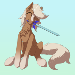 Size: 2133x2145 | Tagged: safe, artist:settop, species:earth pony, species:pony, chest fluff, commissioner:darnelg, epona, eyes closed, female, gradient background, mare, master sword, mouth hold, ponified, socks (coat marking), solo, sword, the legend of zelda, weapon
