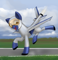 Size: 1600x1660 | Tagged: safe, artist:hardbrony, oc, oc only, species:plane pony, species:pony, aircraft, female, happy, looking at you, open mouth, original species, plane, runway, solo