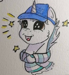 Size: 1080x1163 | Tagged: safe, artist:lightisanasshole, oc, oc only, oc:froster dune, species:pony, species:unicorn, adorable face, autism, autistic screeching, big eyes, bust, clothing, commission, cute, fluffy, glowing eyes, happy, hat, head, male, scarf, simple background, solo, stars, traditional art, watercolor painting, white background