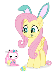 Size: 1200x1600 | Tagged: safe, artist:spookitty, character:angel bunny, character:fluttershy, species:rabbit, angel is not amused, animal costume, bunny costume, bunny ears, bunnyshy, clothing, costume, cute, duo, easter, easter bunny, easter egg, holiday, holiday special, movie accurate, patreon, shyabetes, whiskers