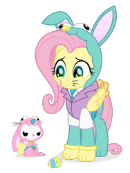 Size: 1200x1600 | Tagged: safe, artist:spookitty, character:angel bunny, character:fluttershy, species:pegasus, species:pony, species:rabbit, angel is not amused, animal costume, bunny costume, bunny ears, bunnyshy, clothing, costume, cute, duo, easter, easter bunny, easter egg, holiday, holiday special, patreon, shyabetes, whiskers