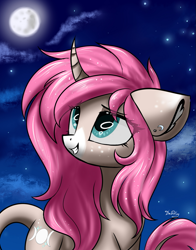 Size: 845x1080 | Tagged: safe, artist:hydrargyrum, oc, oc only, oc:tarot, species:classical unicorn, species:pony, species:unicorn, cloven hooves, curved horn, cute, ear piercing, female, floppy ears, full moon, happy, horn, leonine tail, looking up, mare, moon, night, piercing, smiling, stars, unshorn fetlocks