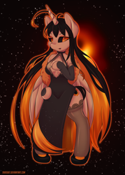 Size: 1500x2100 | Tagged: safe, artist:tikrs007, species:alicorn, species:anthro, species:pony, species:unguligrade anthro, absolute cleavage, ahoge, arm hooves, black hole, black hole pony, black sclera, breasts, cleavage, cleavage window, clothing, cute, cute little fangs, dress, evening gloves, fangs, female, gloves, long gloves, messier 87, monster pony, ponified, shoes, side slit, slit eyes, smiling, solo, stockings, thigh highs