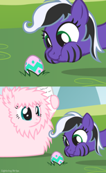 Size: 816x1330 | Tagged: safe, artist:lightning stripe, derpibooru original, oc, oc:fluffle puff, oc:lightning stripe, species:earth pony, species:pony, black and white mane, comic, easter, easter egg, egg, eyelashes, grass, grass field, green eyes, holiday, makeup, newspaper, pink coat, puffy cheeks, scrunchy face, show accurate, solo, stripes, teal eyes, that escalated quickly, this will end in pain, two toned mane