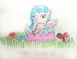 Size: 924x705 | Tagged: safe, artist:sumi-mlp25, character:silverstream, behaving like a bird, birb, easter, easter egg, egg, grass, holiday