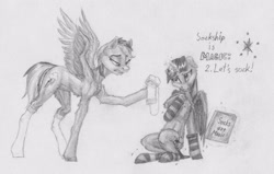 Size: 3175x2015 | Tagged: safe, artist:joestick, character:rainbow dash, character:twilight sparkle, character:twilight sparkle (alicorn), species:alicorn, species:pegasus, species:pony, species:unicorn, book, clothing, female, floppy ears, magic, mare, monochrome, pencil drawing, socks, sockship is magic, striped socks, traditional art
