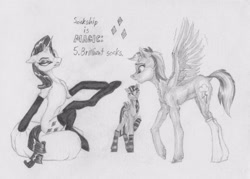 Size: 3206x2300 | Tagged: safe, artist:joestick, character:rainbow dash, character:rarity, character:twilight sparkle, character:twilight sparkle (alicorn), species:alicorn, species:pegasus, species:pony, species:unicorn, clothing, female, mare, monochrome, pencil drawing, socks, sockship is magic, spread wings, striped socks, traditional art, wingboner, wings