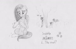 Size: 2804x1789 | Tagged: safe, artist:joestick, character:apple bloom, character:fluttershy, character:scootaloo, character:sweetie belle, character:twilight sparkle, character:twilight sparkle (alicorn), species:alicorn, species:pegasus, species:pony, species:unicorn, clothing, cutie mark crusaders, female, magic, mare, monochrome, pencil drawing, prank, socks, sockship is magic, striped socks, surprised, traditional art, tree