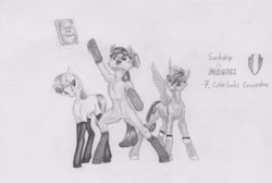 Size: 3816x2557 | Tagged: safe, artist:joestick, character:apple bloom, character:scootaloo, character:sweetie belle, species:earth pony, species:pegasus, species:pony, species:unicorn, clothing, cutie mark crusaders, female, magic, mare, monochrome, pencil drawing, socks, sockship is magic, traditional art