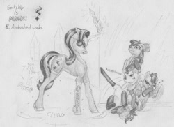 Size: 1581x1151 | Tagged: safe, artist:joestick, character:apple bloom, character:scootaloo, character:starlight glimmer, character:sweetie belle, species:earth pony, species:pegasus, species:pony, species:unicorn, :i, against wall, book, clothing, cutie mark crusaders, female, magic, mare, monochrome, pencil drawing, prank, socks, sockship is magic, squeaky belle, starlight is not amused, teleportation, traditional art, twilight's castle, unamused