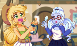 Size: 1380x820 | Tagged: safe, artist:lucy-tan, character:applejack, character:sugarcoat, my little pony:equestria girls, anime, breasts, champagne, cleavage, clothing, cork, cute, duo, jackabetes, open mouth, popping, smiling, sugarcute, tank top