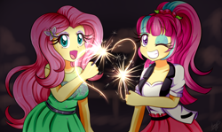 Size: 1380x820 | Tagged: safe, artist:lucy-tan, character:fluttershy, character:sour sweet, my little pony:equestria girls, anime, breasts, cleavage, clothing, cute, dress, duo, fireworks, grin, looking at you, one eye closed, open mouth, ponytail, shyabetes, smiling, sourbetes, sparkler, wink