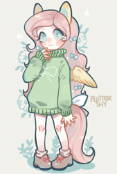Size: 1280x1895 | Tagged: safe, artist:kura, character:fluttershy, species:human, bottomless, bow, clothing, cute, eared humanization, female, full body, hair bow, humanized, no nose, no pupils, partial nudity, shyabetes, solo, sweater, sweatershy, tail bow, tailed humanization, winged humanization, wings