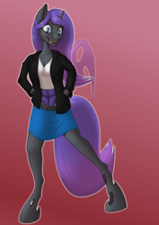 Size: 2480x3508 | Tagged: safe, artist:settop, oc, oc:viciz, species:anthro, species:changeling, changeling oc, clothing, female, hands in pockets, jacket, leather jacket, purple changeling, solo