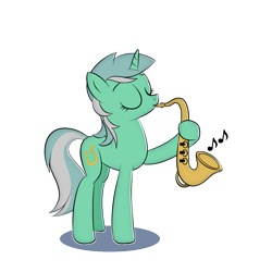 Size: 1000x1000 | Tagged: safe, artist:hardbrony, character:lyra heartstrings, species:pony, eyes closed, female, hoof hold, music notes, musical instrument, saxophone, simple background, solo, sticker, transparent background