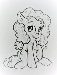Size: 3840x5120 | Tagged: safe, artist:lightisanasshole, character:pear butter, species:earth pony, species:pony, big eyes, black and white, blushing, chest fluff, curly hair, ear fluff, female, fluffy, grayscale, looking at you, monochrome, mother, raised eyebrow, raised hoof, sitting, smiling, solo, traditional art, wip