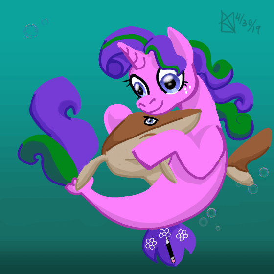 Size: 560x560 | Tagged: safe, artist:kelseyleah, oc, oc only, oc:daisy daedal, species:pony, species:seapony (g4), animated, bubble, cute, female, gif, hug, shark