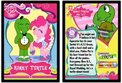 Size: 1024x700 | Tagged: safe, artist:tim-kangaroo, character:pinkie pie, oc, oc:kinky turtle, species:pony, bow tie, clothing, collector card, comb, fan made, hidden message, party dress, ponyville, spats, tortoise, tuxedo, two sides