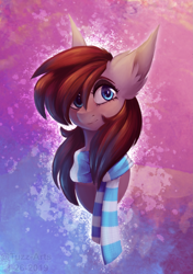 Size: 1369x1948 | Tagged: safe, artist:tuzz-arts, oc, oc only, oc:ponepony, species:pony, abstract background, big ears, bust, clothing, ear fluff, female, hair over one eye, looking at you, mare, scarf, solo