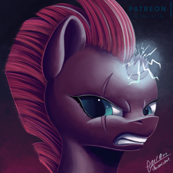 Size: 2000x2000 | Tagged: safe, artist:theunconsistentone, character:fizzlepop berrytwist, character:tempest shadow, species:pony, species:unicorn, my little pony: the movie (2017), broken horn, bust, electricity magic, eye scar, female, head only, horn, lightning, magic, portrait, scar, signature, solo