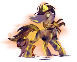 Size: 3125x2500 | Tagged: safe, artist:hagalazka, oc, oc only, species:pegasus, species:pony, species:unicorn, clothing, commission, duo, eyes closed, female, filly, mare, simple background, spell, torn clothes, transparent background, yellow