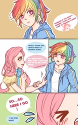 Size: 1280x2048 | Tagged: safe, artist:dez, character:fluttershy, character:rainbow dash, species:human, ship:flutterdash, comic, eyes closed, female, humanized, lesbian, shipping