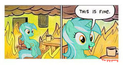 Size: 480x256 | Tagged: safe, artist:torpy-ponius, character:lyra heartstrings, species:pony, coffee, cup, door, female, fire, meme, mug, sitting, sitting lyra, smoke, solo, text, this is fine, wall, watermark