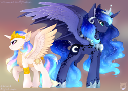 Size: 2800x2000 | Tagged: safe, artist:flysouldragon, character:princess celestia, character:princess luna, species:alicorn, species:pony, alternate design, alternate universe, constellation, ethereal mane, fluffy, galaxy mane, hybrid wings, jewelry, regalia, role reversal, spread wings, standing, unshorn fetlocks, wings