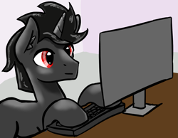 Size: 1385x1073 | Tagged: safe, artist:fluor1te, oc, oc:ekkie, species:pony, species:unicorn, computer, keyboard, looking at monitor, male, solo, stallion