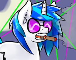Size: 2450x1920 | Tagged: safe, artist:fluor1te, character:dj pon-3, character:vinyl scratch, species:pony, species:unicorn, cigar, female, laser, light show, mare, rave, smoke, solo, sunglasses