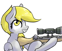 Size: 2200x1833 | Tagged: safe, artist:fluor1te, character:derpy hooves, species:pegasus, species:pony, bolt action, female, gun, mare, rifle, smiling, sniper rifle, solo, teeth, weapon