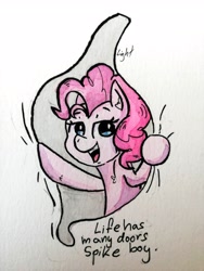 Size: 3840x5120 | Tagged: safe, artist:lightisanasshole, character:pinkie pie, species:pony, blue eyes, breaking the fourth wall, cartoon, cartoon physics, curly hair, curly mane, door, ed edd n eddy, female, fluffy, fourth wall, funny, hole, implied spike, joke, life has many doors, looking at you, one + one = ed, pop culture, reference, rolf, simple background, smiling, solo, talking to viewer, text, traditional art, white background