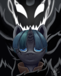 Size: 2000x2500 | Tagged: safe, artist:theunconsistentone, character:pony of shadows, character:stygian, species:pony, species:unicorn, corrupted, creepy, creepy smile, smiling