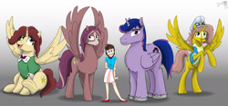 Size: 1920x901 | Tagged: safe, artist:cactuscowboydan, commissioner:bigonionbean, oc, oc:heartstrong flare, oc:king calm merriment, oc:king speedy hooves, oc:queen galaxia, oc:tommy the human, species:alicorn, species:human, species:pony, alicorn oc, aunt and niece, clothing, conductor hat, dress, father and child, father and daughter, female, fusion, fusion:heartstrong flare, fusion:king calm merriment, fusion:king speedy hooves, fusion:queen galaxia, human oc, male, mare, mother and child, mother and daughter, rule 63, spread wings, stallion, uniform, wing flare, wings, wonderbolt trainee uniform