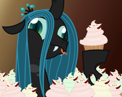 Size: 1150x912 | Tagged: safe, artist:lightning stripe, derpibooru original, character:queen chrysalis, species:changeling, episode:frenemies, g4, my little pony: friendship is magic, blue hair, changeling queen, crazylis, cupcake, cute, cutealis, derp, fangs, female, food, forked tongue, gradient background, green eyes, horn, show accurate, simple background, solo, that changeling sure does love cupcakes, tongue out