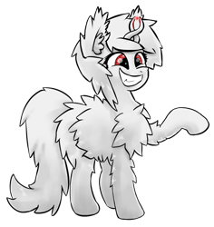 Size: 1449x1533 | Tagged: safe, artist:fluor1te, oc, oc only, oc:asla praki, species:pony, albino, cute, female, fluffy, grin, magic, mare, original species, raised hoof, red eyes, shit eating grin, simple background, smiling, solo, teeth, transparent background