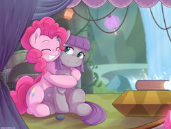 Size: 3200x2400 | Tagged: safe, artist:tikrs007, character:maud pie, character:pinkie pie, species:earth pony, species:pony, blushing, book, cute, diapinkes, duo, eyes closed, female, hug, lamp, mare, maud's cave, maudabetes, sisters, smiling, when she smiles