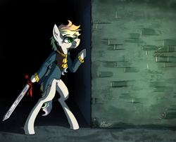 Size: 3403x2755 | Tagged: safe, artist:helmie-d, oc, oc only, species:pony, arm hooves, clothing, eye clipping through hair, high res, semi-anthro, solo, sword, wall, weapon
