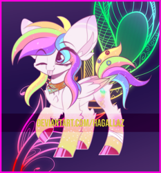 Size: 1025x1100 | Tagged: safe, artist:hagalazka, oc, species:pegasus, species:pony, abstract background, adoptable, blep, colored hooves, ethereal mane, female, galaxy mane, mare, one eye closed, pink, rainbow, rainbow hair, raised hoof, shiny, solo, tongue out, wink, yellow