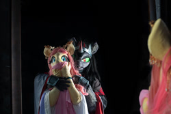 Size: 1000x666 | Tagged: safe, artist:essorille, character:fluttershy, character:king sombra, species:anthro, clothing, fursuit, irl, kimono (clothing), mirror, photo