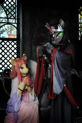 Size: 665x1000 | Tagged: safe, artist:essorille, character:fluttershy, character:king sombra, species:anthro, clothing, flute, fursuit, irl, kimono (clothing), musical instrument, photo, sword, weapon