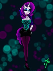 Size: 1536x2048 | Tagged: safe, artist:palmartz44, character:rarity, species:anthro, species:pony, species:unicorn, beauty mark, blue eyeshadow, breasts, busty rarity, clothing, eyeshadow, female, high heels, legs, lipstick, makeup, miniskirt, one eye closed, pantyhose, pink lipstick, shoes, skirt, solo, stockings, thigh highs, wink