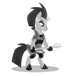 Size: 768x768 | Tagged: safe, artist:tim-kangaroo, character:fizzlepop berrytwist, character:tempest shadow, species:pony, guitar, looking down, magic, monochrome, musical instrument, playing instrument, shadow, simple background, white background