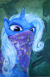 Size: 794x1212 | Tagged: safe, artist:quiet-victories, character:trixie, species:pony, species:unicorn, angry, bandana, female, glare, looking at you, mare, photoshop, solo, traditional art
