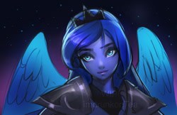 Size: 1372x888 | Tagged: safe, artist:imdrunkontea, character:princess luna, species:alicorn, species:human, species:pony, armor, female, humanized, pony coloring, solo, stars, warrior luna, winged human, winged humanization, wings, wip