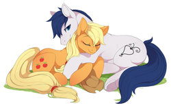 Size: 2216x1404 | Tagged: safe, artist:mr-tiaa, character:applejack, oc, oc:constance everheart, species:earth pony, species:pony, blushing, canon x oc, cuddling, everjack, eyes closed, female, grass, male, mare, shipping, stallion, straight
