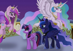 Size: 2048x1436 | Tagged: safe, artist:envygirl95, character:princess cadance, character:princess celestia, character:princess luna, character:twilight sparkle, character:twilight sparkle (alicorn), species:alicorn, species:pony, episode:twilight's kingdom, g4, my little pony: friendship is magic, alicorn tetrarchy, female, flying, mare, night, smiling, you'll play your part