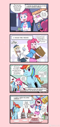 Size: 2826x5933 | Tagged: safe, artist:caibaoreturn, editor:str1ker878, character:derpy hooves, character:gummy, character:pinkie pie, character:rainbow dash, comic:pony washing instructions, my little pony:equestria girls, abuse, cake, clothing, comic, computer, cute, dashabuse, foam finger, food, hat, madame leflour, miniskirt, party, party hat, pleated skirt, plushie, rocky, running, running in place, skirt, spanking, sweat, sweatdrop, translation